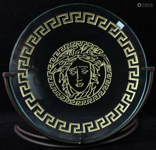 Original Versace glass medallion charger, 29K gold inlaid engraved border on wrought iron stand, 19