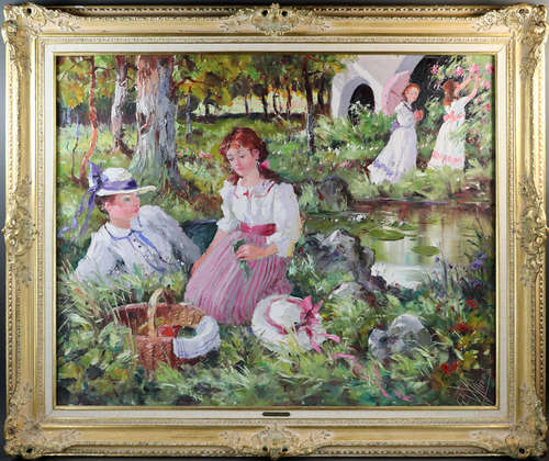 Ramon Chirinos, 'Ladies in the Garden', oil on canvas, signed, 24