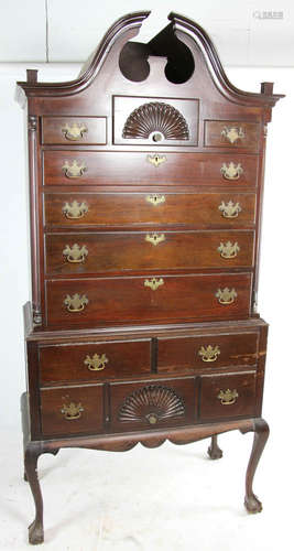 Centennial mahogany highboy with fan carving, ball and claw feet, 80