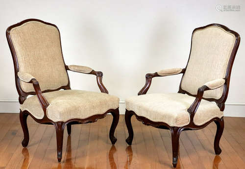 Pair of Louis XV-style hand-carved Bergere chairs with horsehair stuffing, Schumacher upholstery,