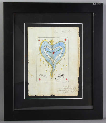 Salvador Dali, heart-shaped watch on a card, watercolor and pen and ink, 11