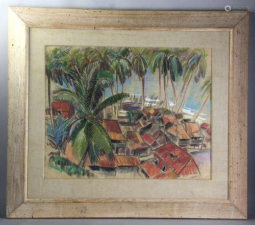 Doris Rosenthal, seaside village on Choiseul Island, pastel on paper, 18