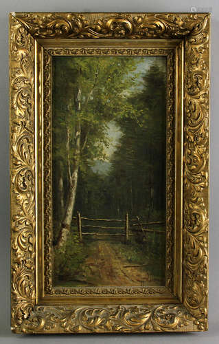 Delbert Coombs (1850-1938), landscape with fence, oil on board, signed L/R, 6 3/4