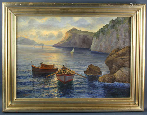 Bluffs and boats, oil on canvas, signed 'E Duecker' (Eugene Gustav Duecker, Russian/German, 1841-