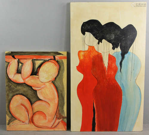 Two (2) unsigned paintings on board of women, 47 3/4