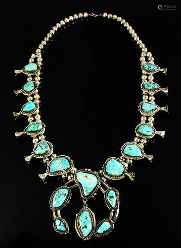 Navajo silver and turquoise squash blossom necklace, 30