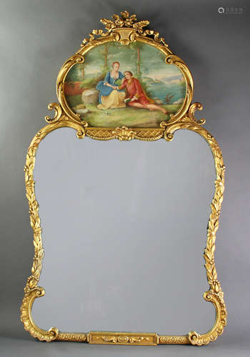 Gilt framed mirror, oil on panel courting scene at top, unsigned, 50