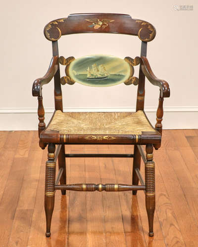 Limited edition Hitchcock armchair, handpainted with scene of the whaling ship Charles W. Morgan,