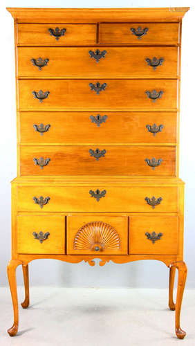 Queen Anne-style solid maple highboy having fan-carved lower drawer, 70