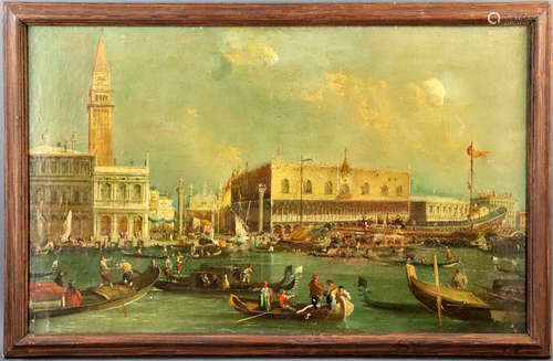 In the manner of Canaletto, Venetian canal, St. Mark's Square, oil on canvas, bears labels verso, 20