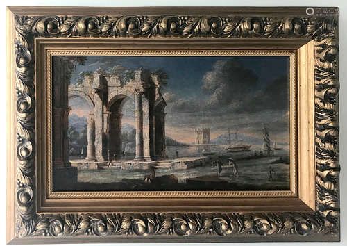 18th/early 19th century Italian view of ruins, oil on canvas, 7 1/4