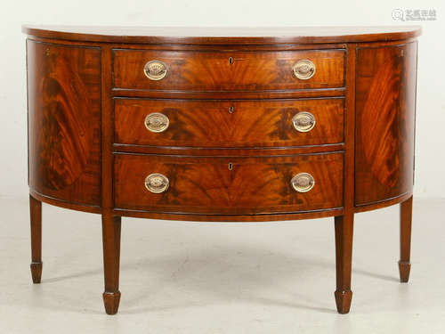 1940s Hepplewhite-style demilune cabinet, mahogany and string inlay, having three drawers and two