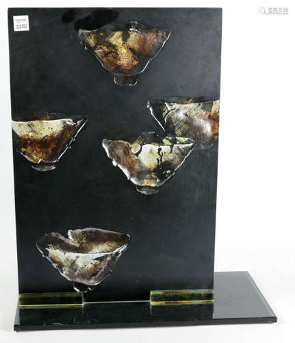 Sculpture, glass panel with intaglio-carved design, signed 'La Scola' and dated '92 on base, 22 1/2