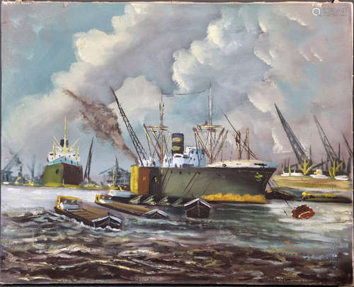 Shipyard, oil on canvas, signed indistinctly, 16