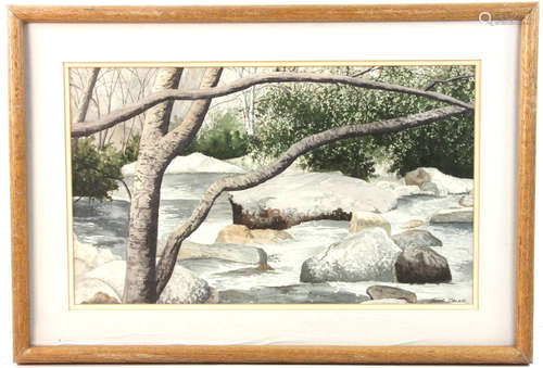 James Oblack, river view with rocks and trees, watercolor, signed, 11 1/2