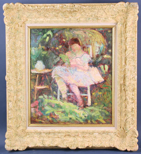 Impressionist oil on canvas of seated lady, signed 'Joe Raphael' (Joseph Raphael, American, 1869-