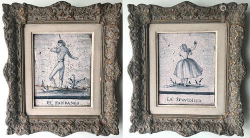 18th century Spanish glazed tiles depicting 18th century Castilian fandango and seguidilla