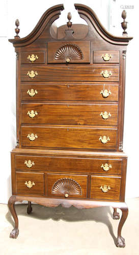 Mahogany highboy with shell carving, ball-and-claw feet, split crest, 80