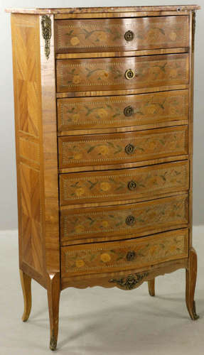 French inlaid tall lingerie chest with marble top, 53 3/4