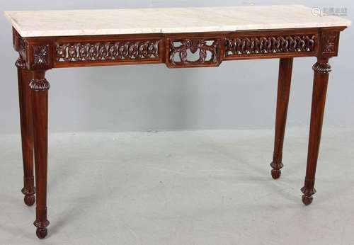 Regency-style carved mahogany console with cream-colored marble top, 34