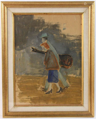 Early 20th century, woman and man with instrument, pastel, watercolor on artist board, framed 20