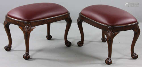 Pair of Georgian-style walnut benches with burgundy leather seats, 20