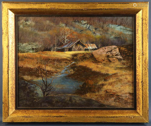 Joseph Orr, abandoned barn beside a stream, acrylic on masonite, signed and dated 1981, 16