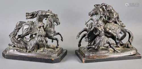 Pair of antique classical bronzed white metal sculptures on wood base. Overall 12