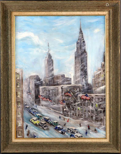 Guy Wiggins, winter snow scene in Manhattan, oil on canvas mounted on artist board, unsigned, 24