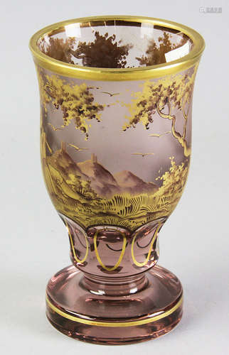 Circa 1920 Moser glass gilded chalice, hand-painted pastoral landscape with girl playing flute,