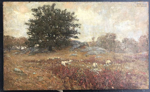 Jules Turcas, New England landscape with sheep, oil on canvas, signed, 14