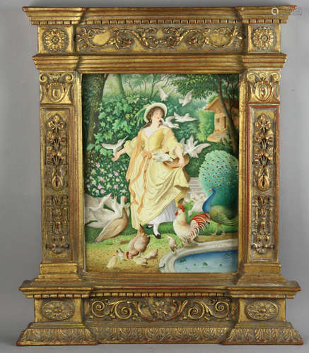 Hand-painted porcelain plaque in gilt frame, plaque measures 14 3/4