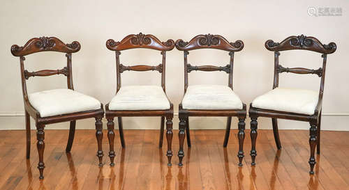 Set of mahogany side chairs with carved backs, upholstered seats, four (4) total, 34 1/2