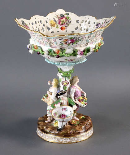 Antique German Dresden figural centerpiece, old repair on top rim, 12 1/2