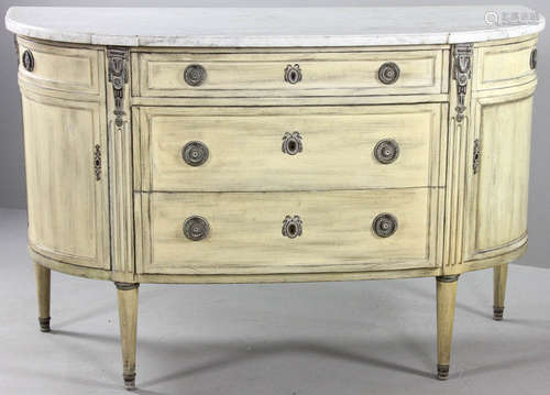 Circa 1950 Louis XVI-style cabinet, ivory painted with bronze mounts and white marble top, 35