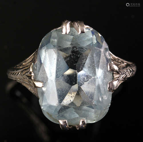 Aquamarine and 14k white gold ring, size 6 1/2, approximately 4 grams TW, shank split. Provenance: