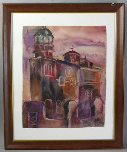 Mikhail Larionov (1881-1964), eastern church, watercolor on paper, signed L/R, 15 1/2