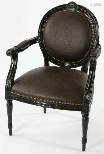 Louis XVI-style black lacquered armchair, upholstered in a brown faux ostrich vinyl, 37