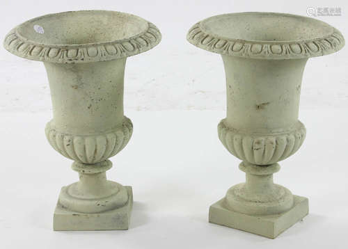 Pair of classical cast iron urns, diminutive size, cream color, 18