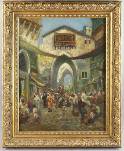 Fredric Arthur Bridgman (American, 1847-1928), oriental market street scene, oil on canvas, 32 1/