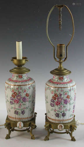 Pair of brass-mounted porcelain table lamps, 16