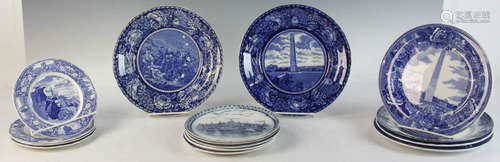 Group of fifteen (15) Bunker Hill blue transferware souvenir plates, largest is Staffordshire, 9 1/