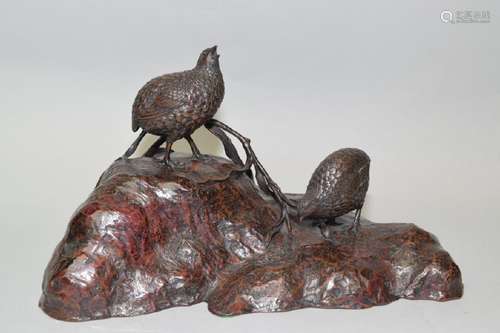 19th C. Japanese Bronze Quail Sculpture, Honma Takusai