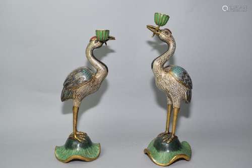 Pair of 19th C. Chinese Cloisonne Crane Incense Burner