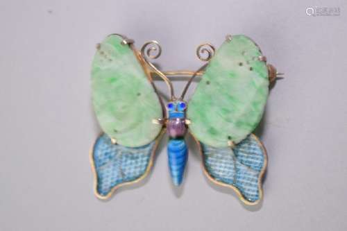 Chinese Enamel over Silver Jadeite Butterly Brooch