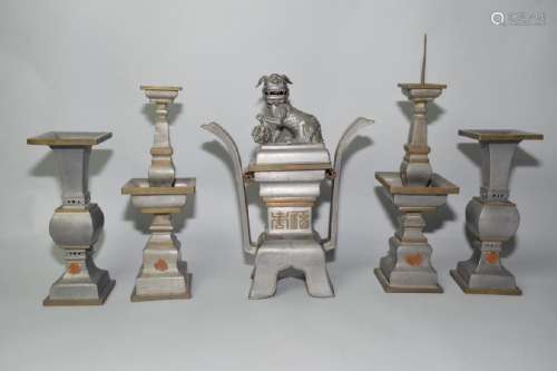 Set of Republic Chinese Pewter Religious Wares
