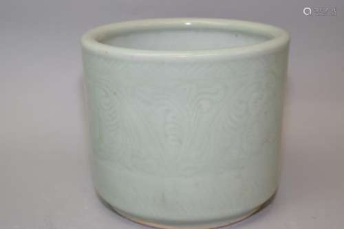 17-18th C. Chinese Pea Glaze Relief Carved Censer