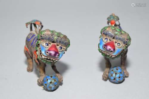 Pair of Chinese Enamel over Silver Lions