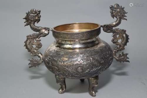 19th C. Chinese Silver Carved Dragon Censer