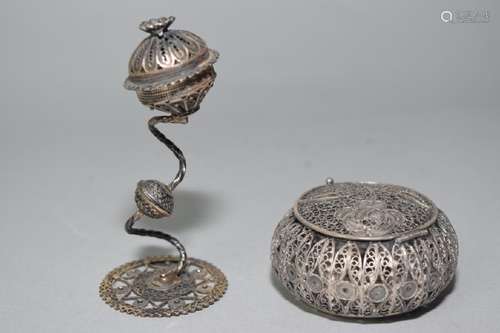 Two 19th C. Chinese Silver Woven Incense Holders